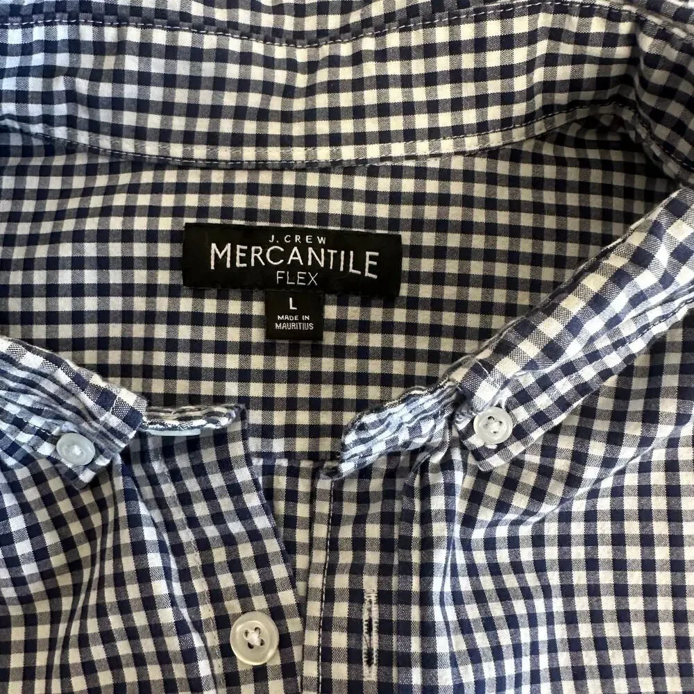 J. Crew Men's Navy/White Gingham Mercantile Flex Long Sleeve Button Down Size L